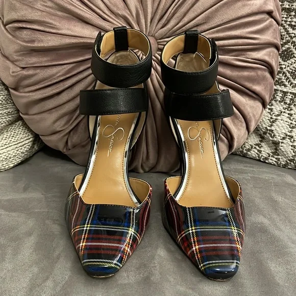 Jessica Simpson Cassiya Blue Plaid Ankle Strap Pumps - Picture 3 of 8